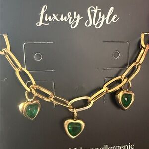 Gold Chain bracelet with Green Heart Charms